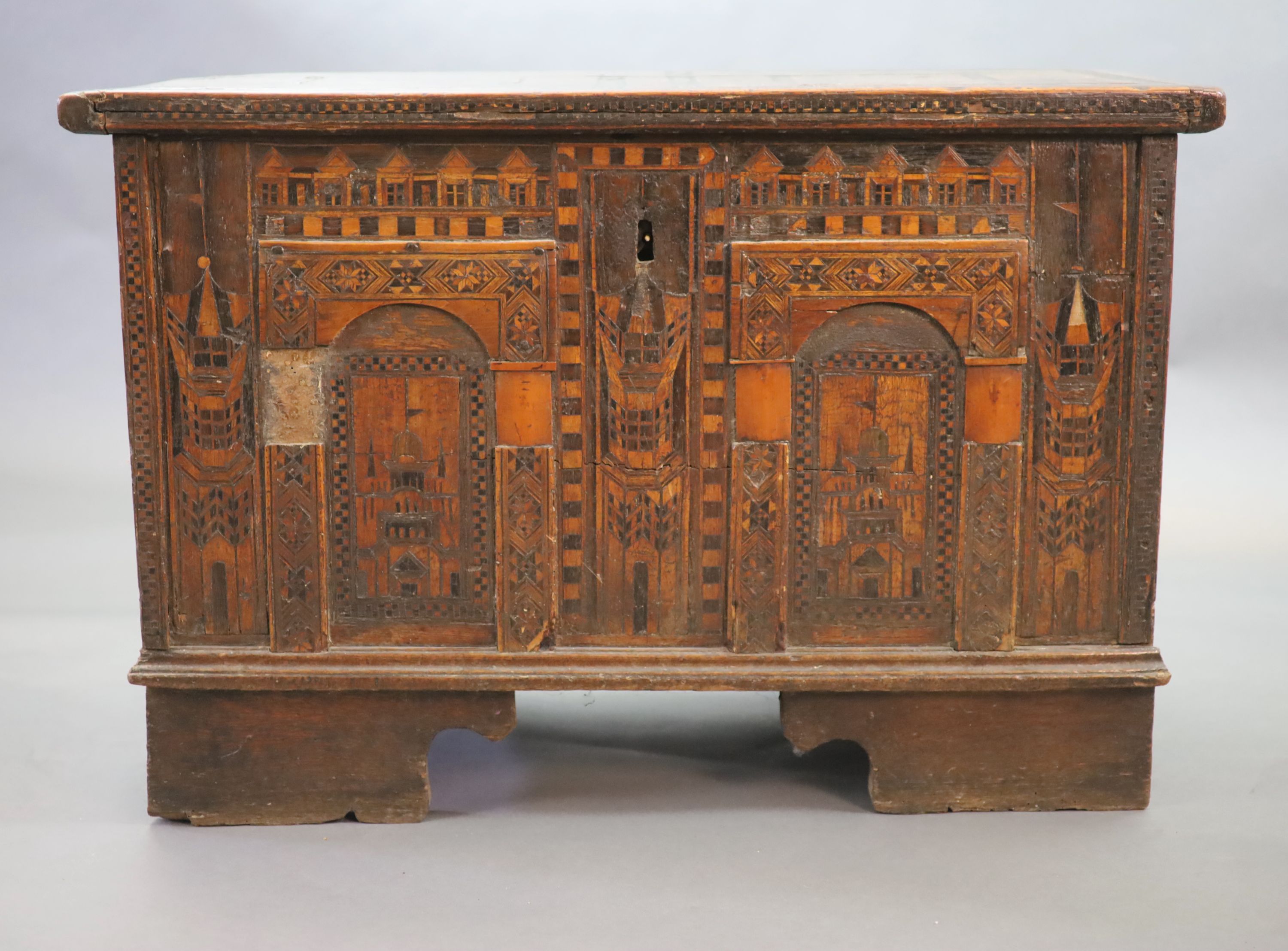 A late 16th century Anglo-German ‘Nonesuch’ chest, 95cm wide, 49cm deep, 65cm high